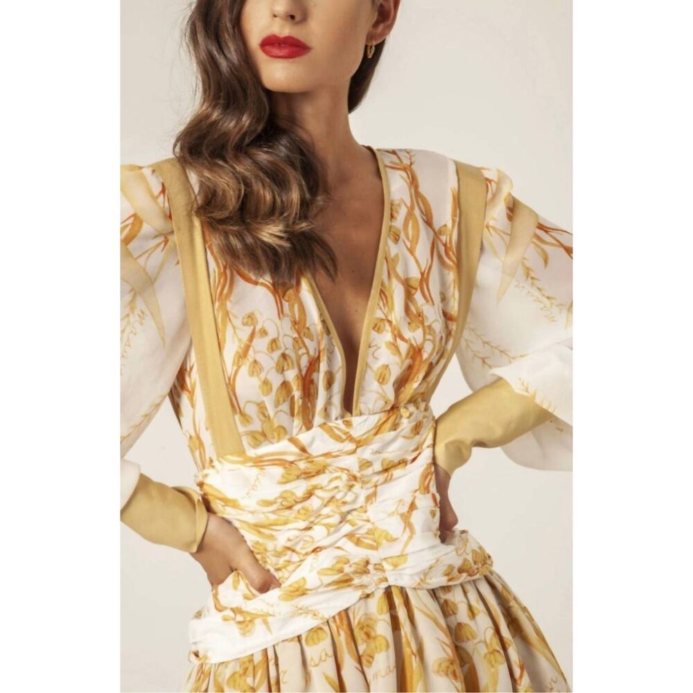 MASAVI Leafs Pleated Short Mini Dress In Mustard Cocktail Party Dress Size S NWT - Picture 2 of 7